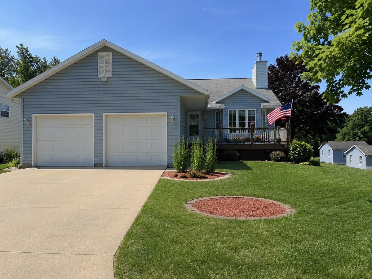 Light blue single-story residential assisted living home with a two-car garage, front porch, and American flag in Rochester, MN